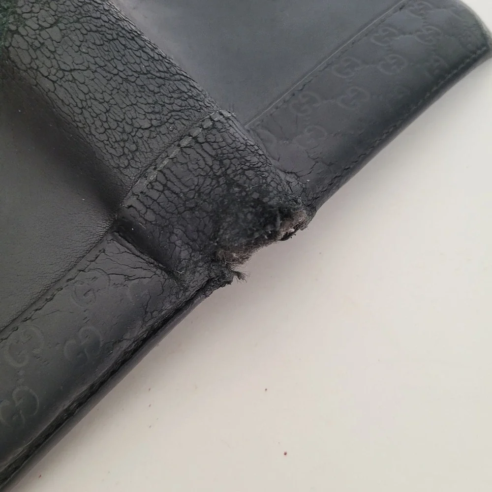Gucci Mens Bifold Wallet Black Leather GG Guccissima Logo Coin Pocket AS IS
